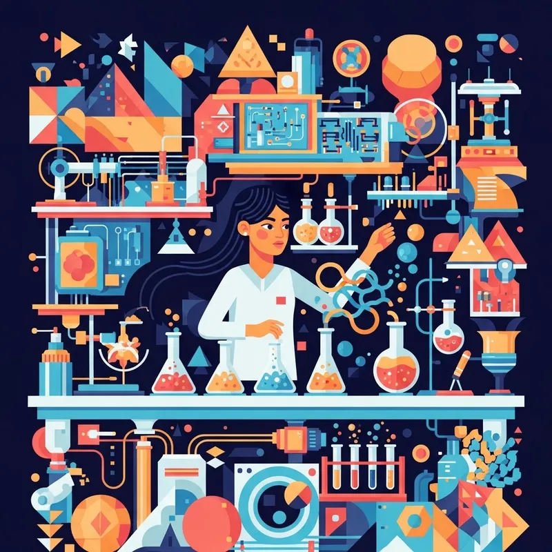 Dynamic Flat Geometric Figures with Hispanic Girl in Lab Dynamic Flat Geometric Figures with Hispanic Girl in Lab