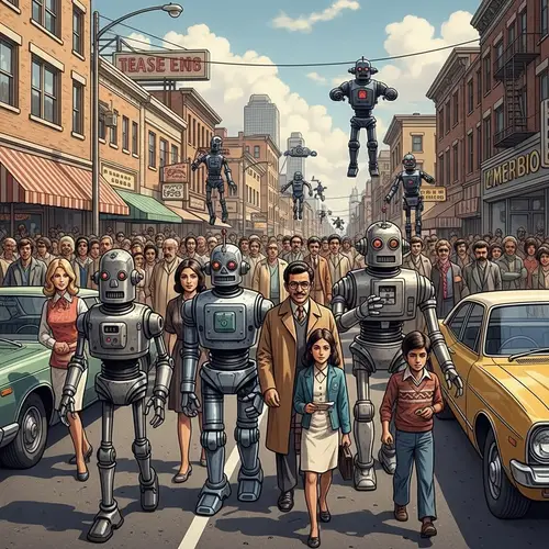 1970s Robots Walking Among Diverse Crowd on City Streets