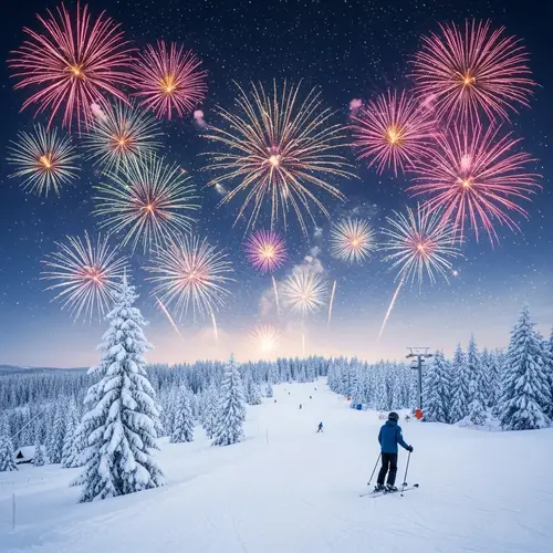 Winter Ski Slope: Snow-Covered Trees & Fireworks Display