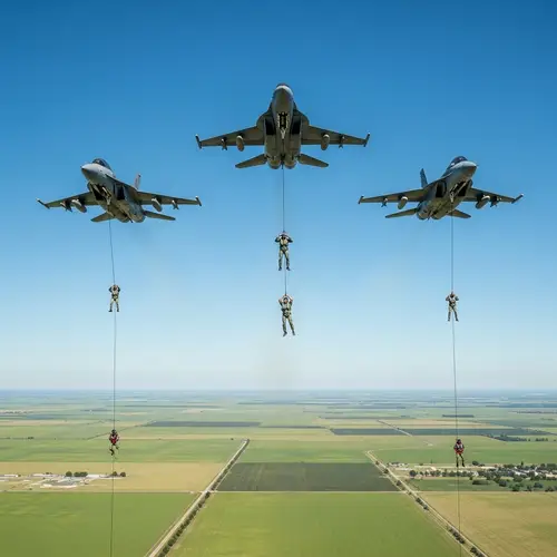 Three Fighter Jets Dropping Men in a Green Field