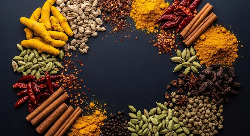 Colorful Spice Array on Dark Background - Spice Bazaar Scene Colorful Spice Array on Dark Background - Spice Bazaar Scene