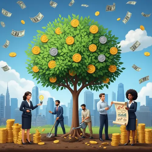 Wealth Creation Symbolism: Vibrant Money Tree and Diverse Team