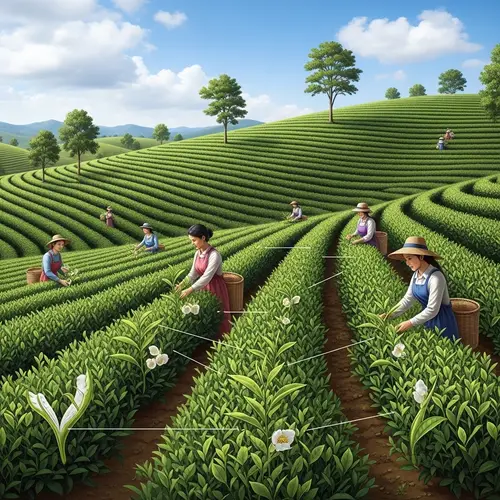 Detailed Tea Plantation Illustration with Diverse Workers