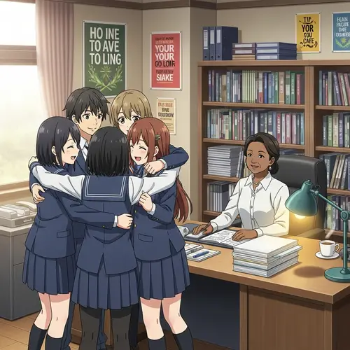 Anime School Students Celebrate Success in Group Hug