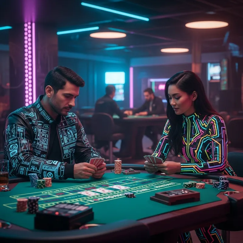 Cyberpunk Casino Scene: Man and Woman Engaged in Card Game