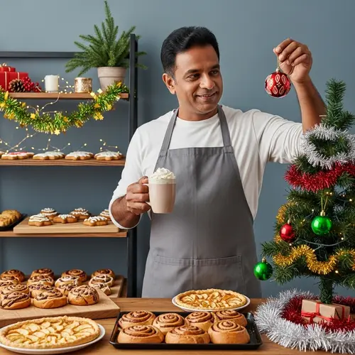 South Asian Baker Surrounded by Freshly Baked Goods and Christmas Decor