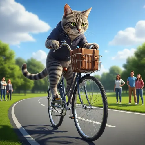 Hyperrealistic Cat Riding a Vintage Bicycle in Park