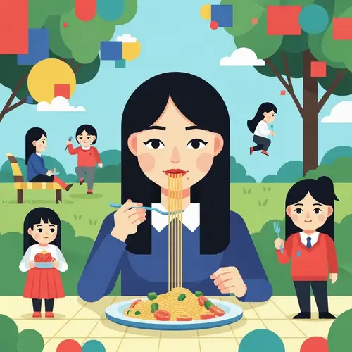 Flat Illustration of Girl with Geometric Figures Enjoying Pasta in Park