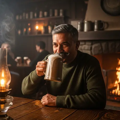 Middle-aged South-Asian Man Enjoying Beer in Cozy Tavern