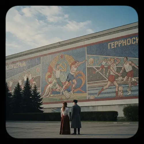 Vintage Film Aesthetic with Soviet Mosaic: Surreal Scene