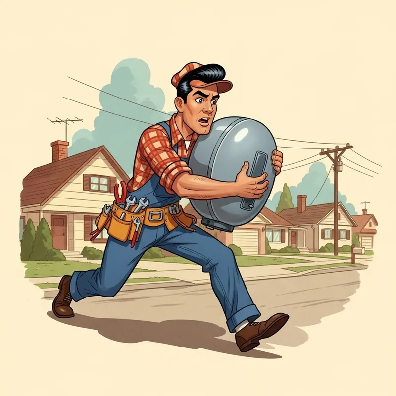 Retro Hispanic Cartoon Plumber | 50s Style Water Heater Runner Retro Hispanic Cartoon Plumber | 50s Style Water Heater Runner