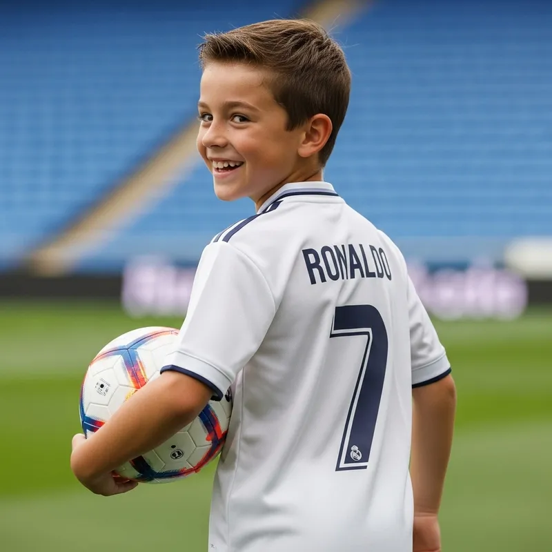 Caucasian Boy in Real Madrid Jersey | Football Fan Image