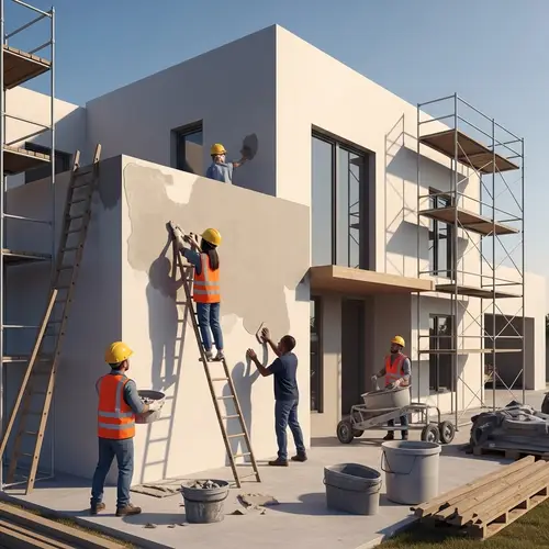 Modern House Plastering: Construction Scene with Diverse Workers