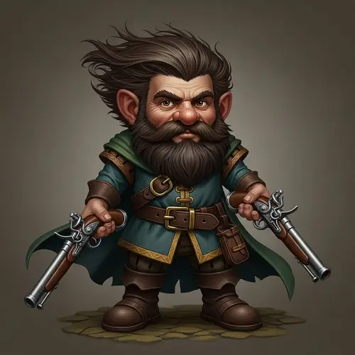 Wind-Swept Brown Hair Gnome with Flintlock Pistols