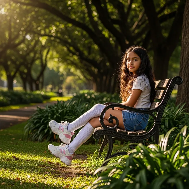Stylish Girl Sitting on Park Bench in Fashionable Shoes
