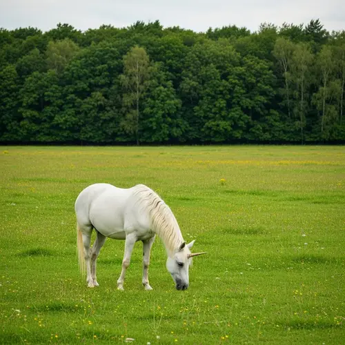 Lush Meadow with White Unicorn - Rainbow Mane and Enchanting Forest