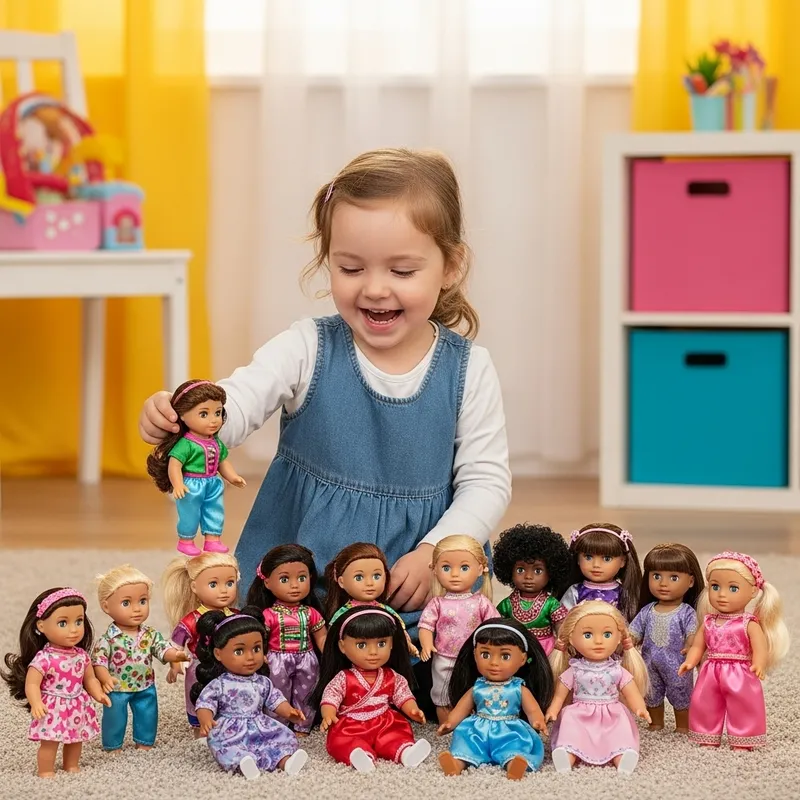 Girl Playing with Diverse Dolls in Colorful Room