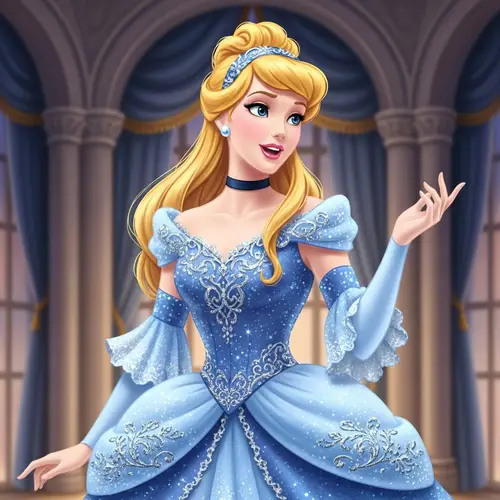 Cinderella in Elaborate Blue Gown - Stunning Illustration