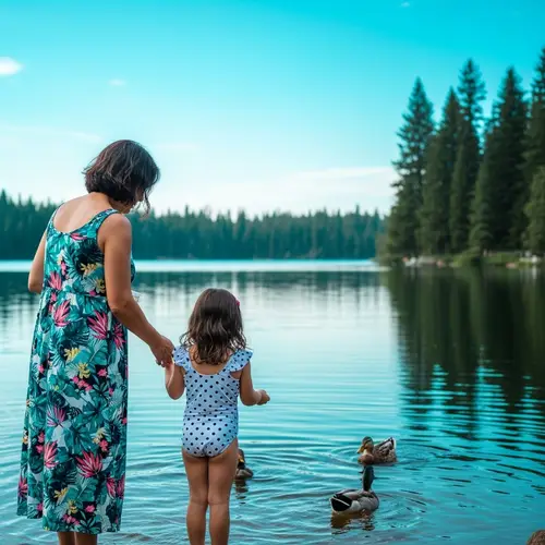 Hispanic Mother and Daughter Enjoying Lake Day