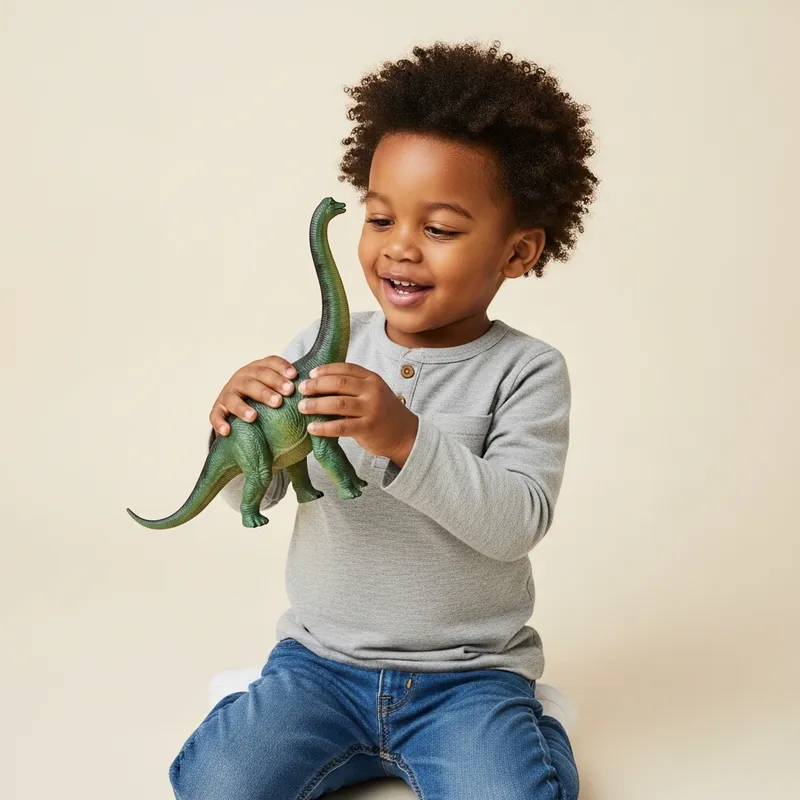 Joyful African American Boy with Green Brachiosaurus Toy