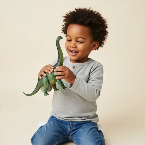African American Boy with Brachiosaurus Toy - Joyful Exploration