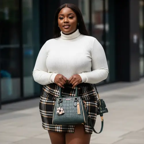 Trendy Plus-Size African Woman in Mini Skirt & Handbag