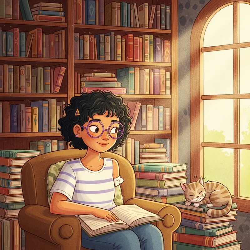 Hispanic Girl with Short Black Hair in Library - Classic Children's Book Style