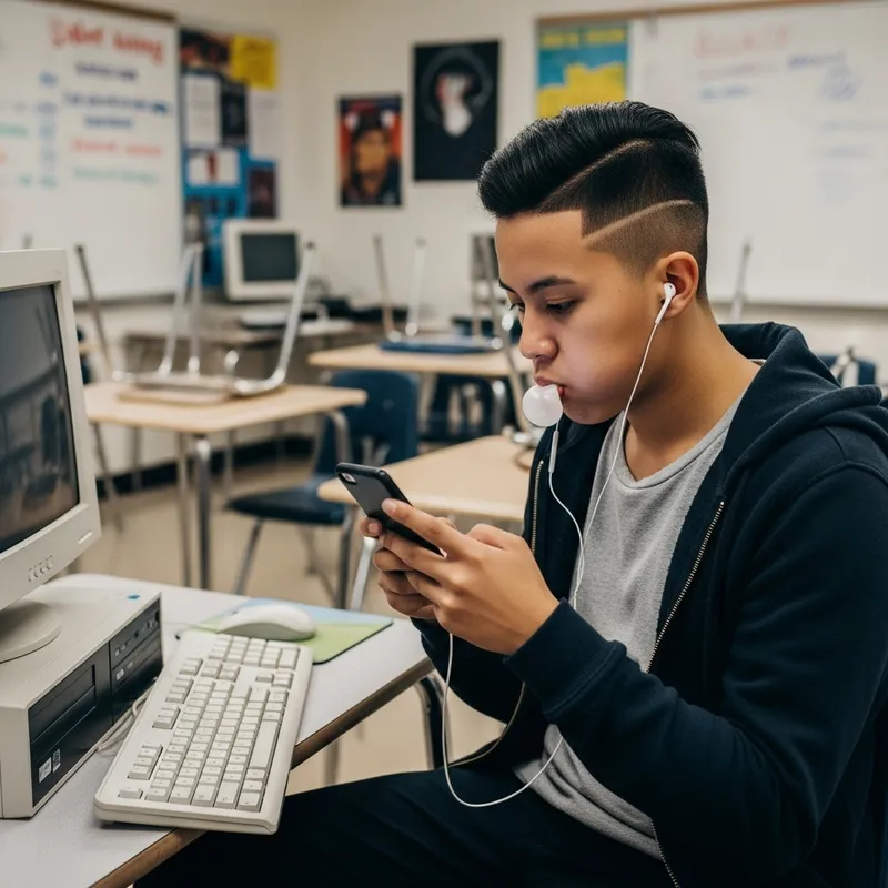 Person with Oblong Face and Fade Haircut Holding Smartphone in Classroom