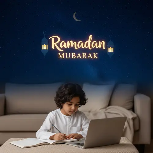 Middle-Eastern Child Studying on Laptop Under Ramadan Mubarak Night Sky