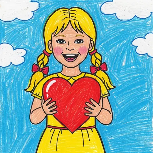 Cute Girl Holding Heart Drawing | Crayon Style Artwork
