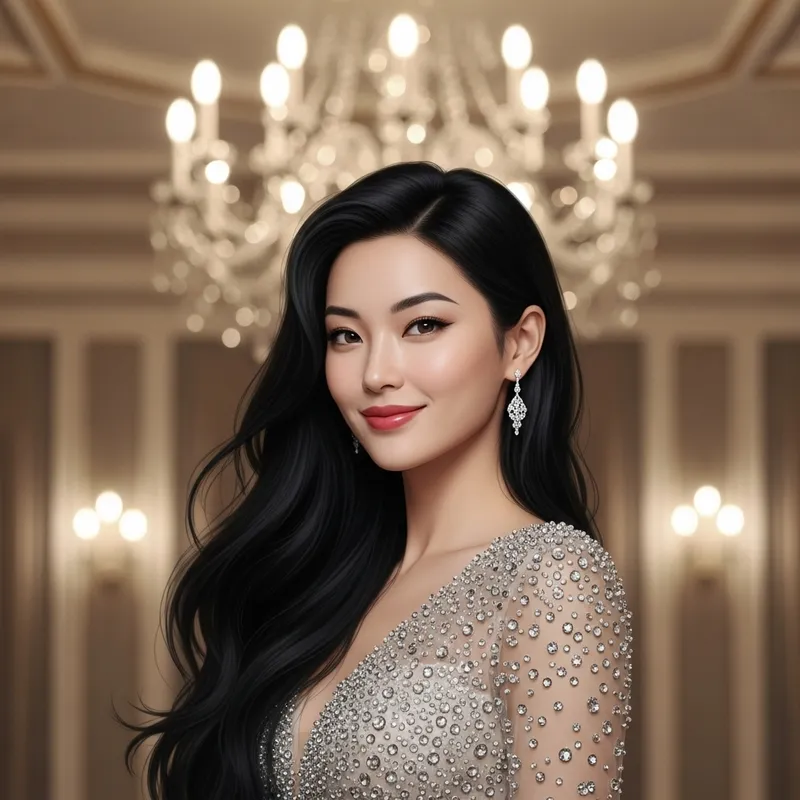 Gorgeous Woman with Flowing Black Hair in Elegant Gown