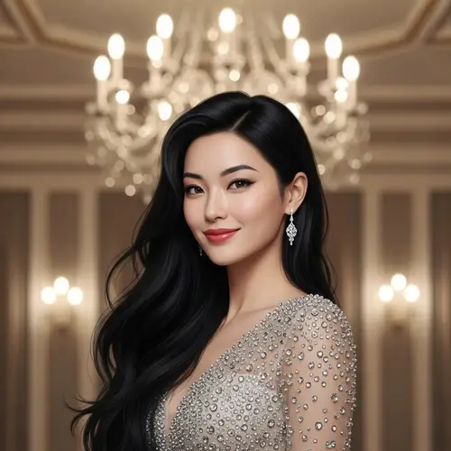 Elegant Woman with Long Black Hair in Sparkling Gown