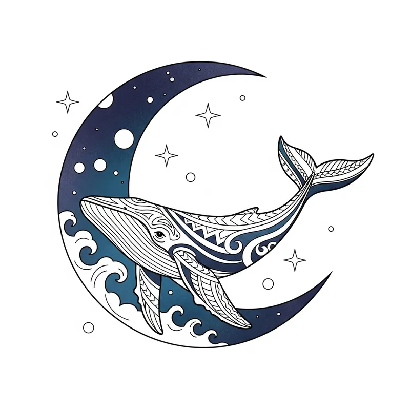 Crescent Moon and Whale Tattoo Sketch for Unique Body Art