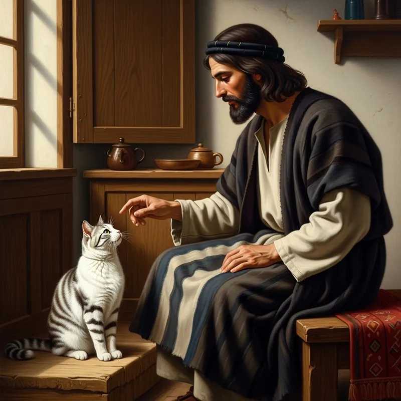 Jesus Christ Portrait with His Beloved Cat