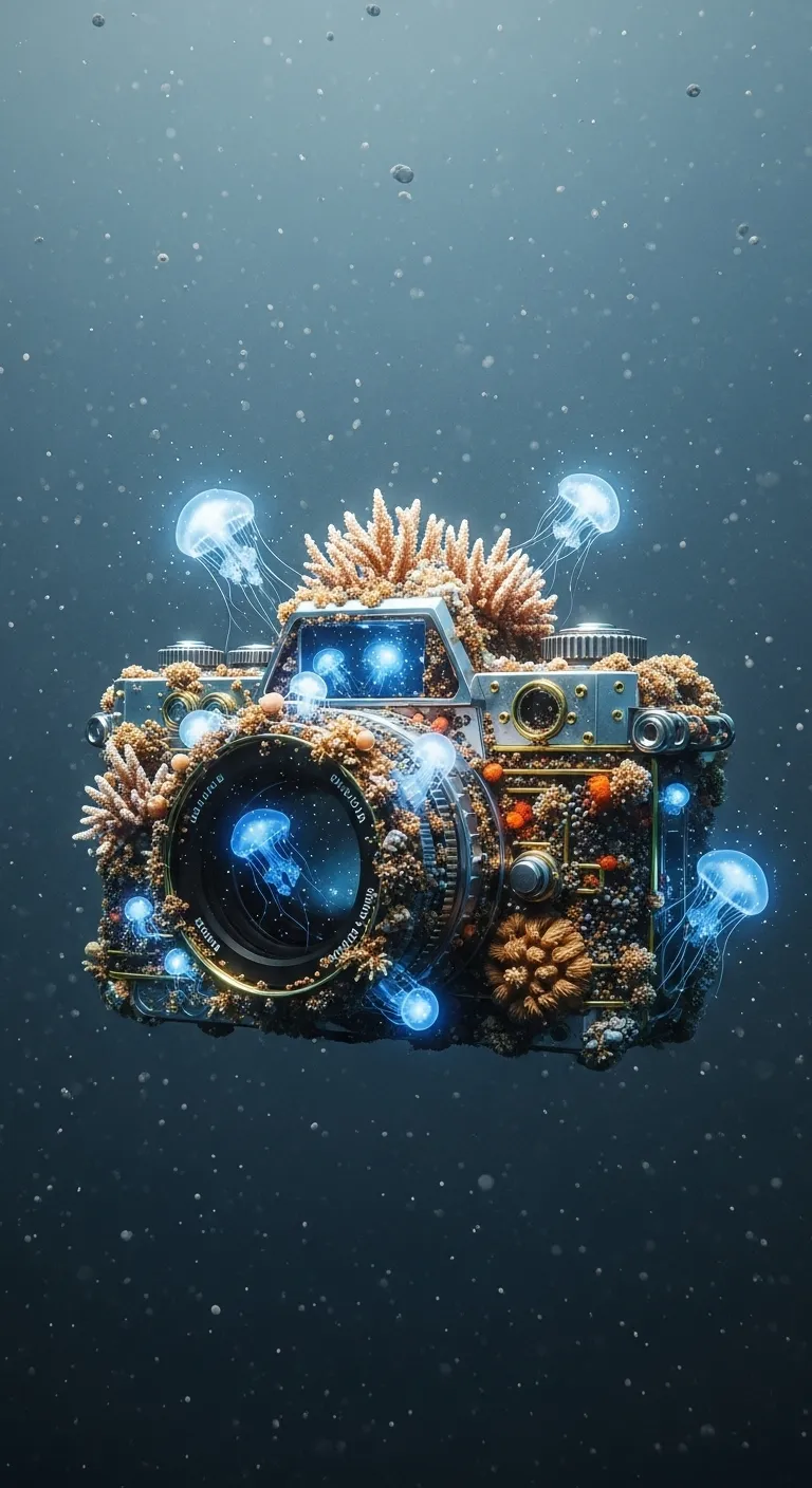 Underwater Coral Camera with Golden Accents in Marine Depths Underwater Coral Camera with Golden Accents in Marine Depths
