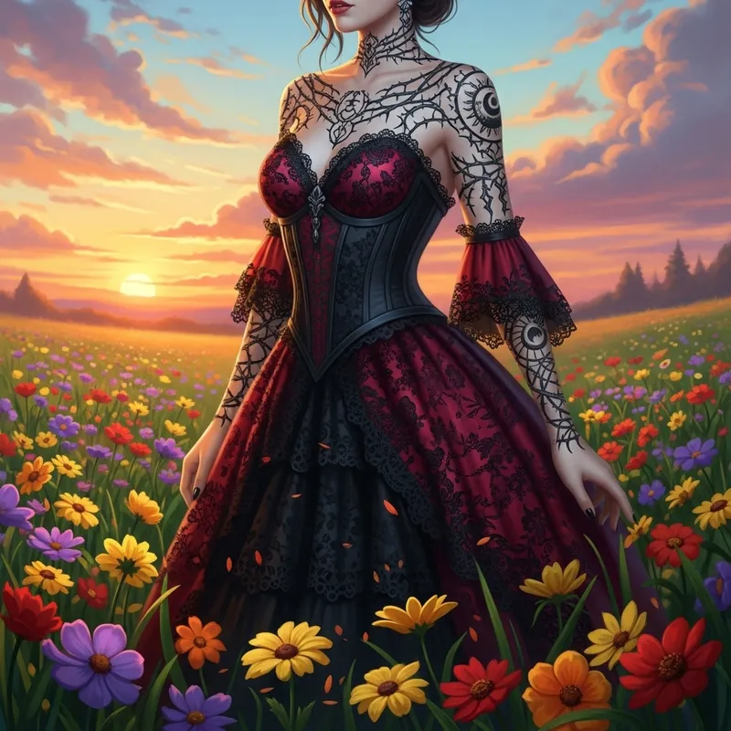 Beautiful Sunset with Gothic-Clad woman and Floral Landscape Beautiful Sunset with Gothic-Clad woman and Floral Landscape