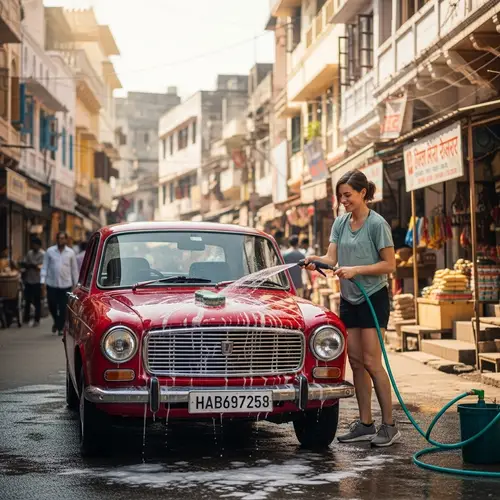 Cheerful woman washing classic red sedan in India
