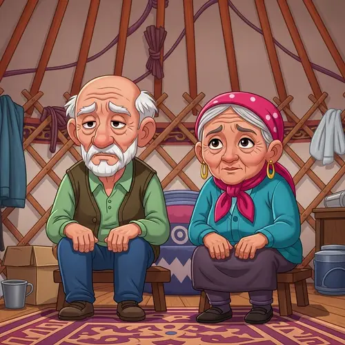 Sad Grandfather and Grandmother in a Traditional Yurt Cartoon