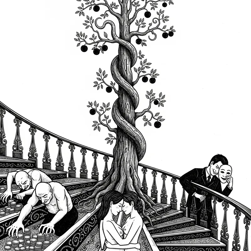 Spiral Staircase Ascending: Tree of Good and Evil, Human Passions Depicted Spiral Staircase Ascending: Tree of Good and Evil, Human Passions Depicted