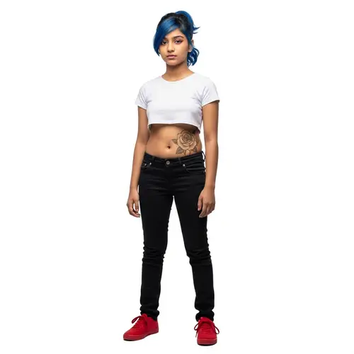 Full-Height South-Asian Girl with Blue Hair on White Background