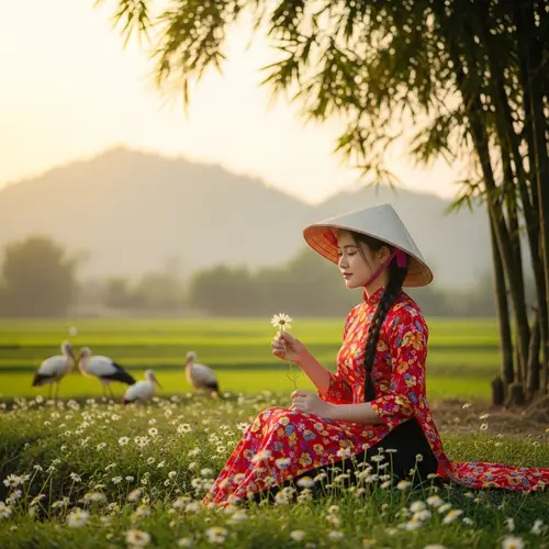 Vietnamese Girl in Ao Dai Picking Daisy Petals in Meadow