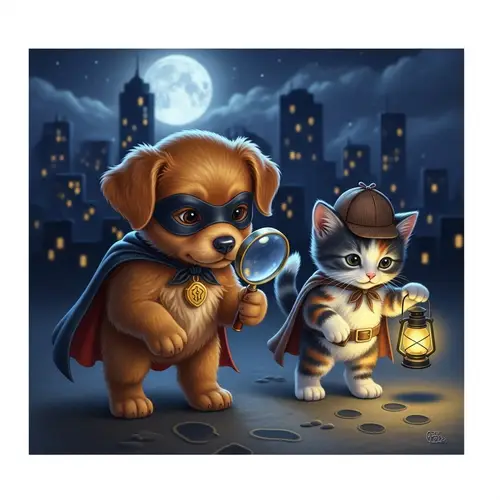 Adorable Puppy and Kitten Detectives Solve Mystery in Moonlit City