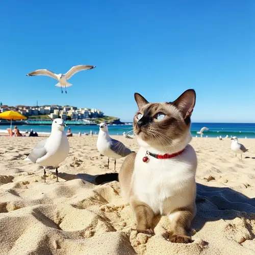 Tonkinese Cat Relaxing on Bondi Beach with Aqua-Blue Eyes