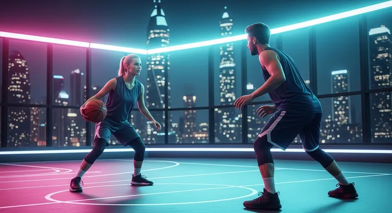 Futuristic Basketball Game Illustration with Happy Players - Modern Court Scene