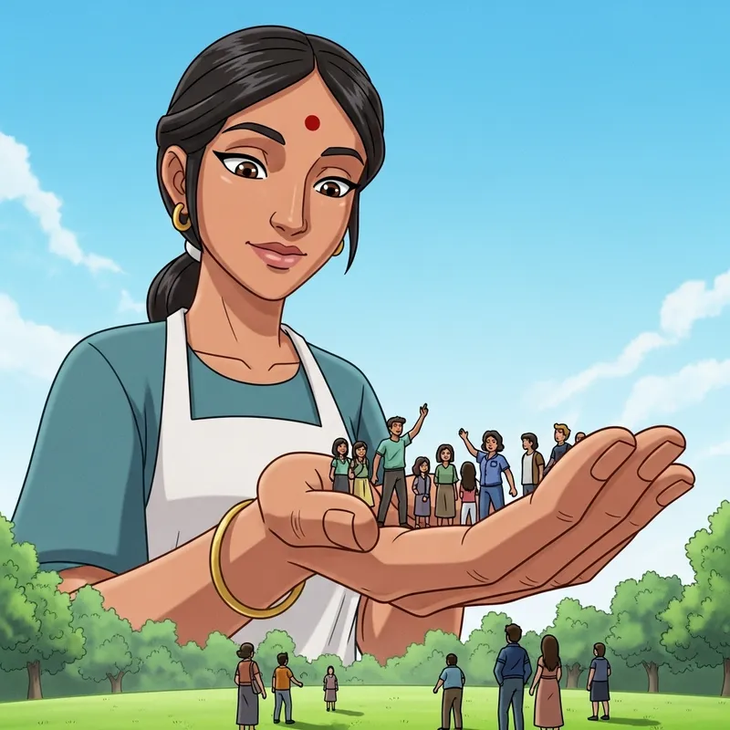 Giant South Asian Woman Holds Tiny People in Awe