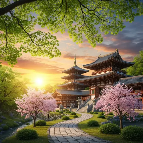 Tranquil Buddhist Temple in Serene Setting | Green Trees, Cherry Blossoms