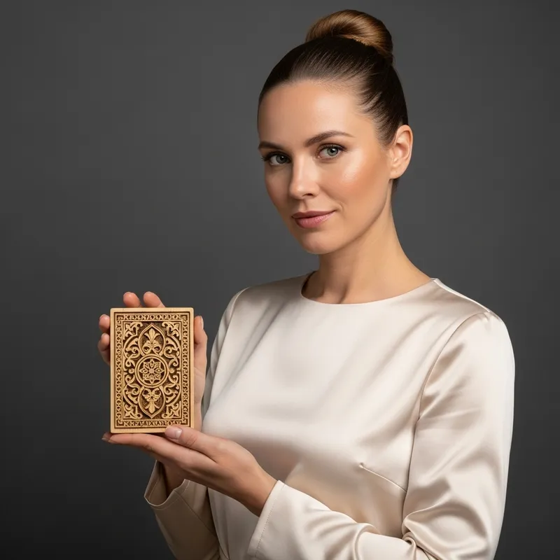 Elegant American Woman with Wooden Carving