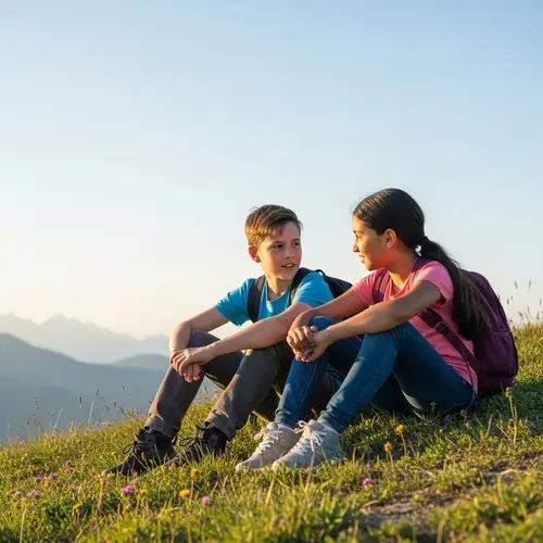 Childhood Friendship on Mountain Slope - Heartwarming Scene