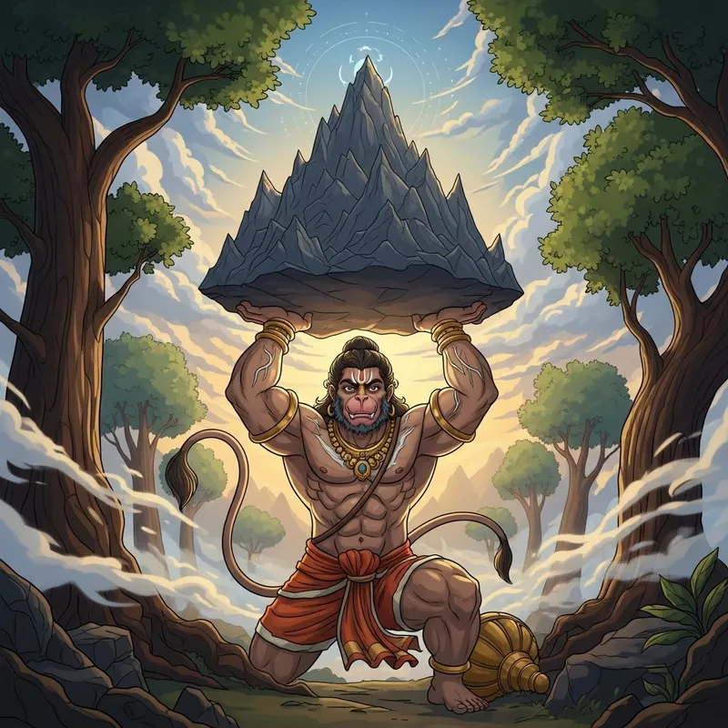 Hanuman ji Lifting Mountain - Mythical Illustration in Stunning Detail Hanuman ji Lifting Mountain - Mythical Illustration in Stunning Detail