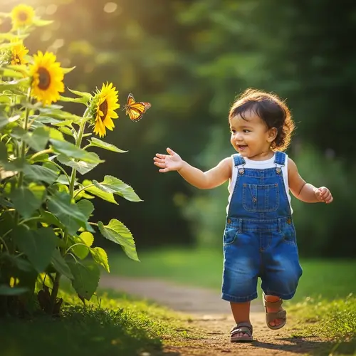 Joyful Child Playing in Lush Park | Sunflower Encounter